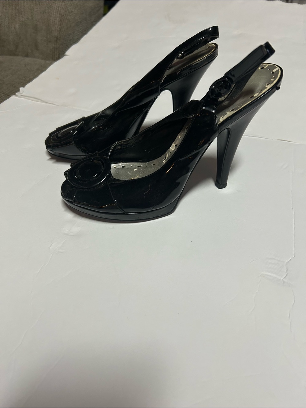 BCBG Black Patent Peep-Toe Slingback Heels Size 7.5